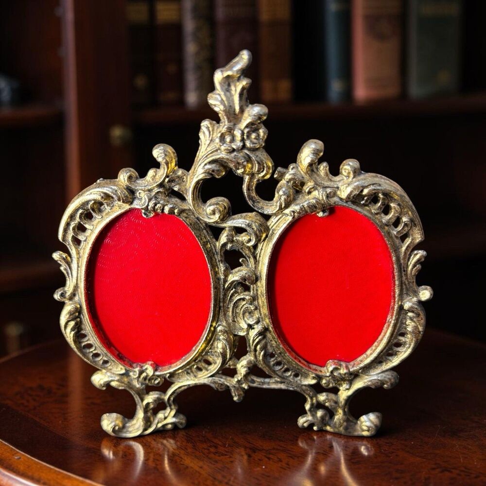 Vintage Victorian Ornate Gold Tone Metal Double Oval Stand Frame Portrait